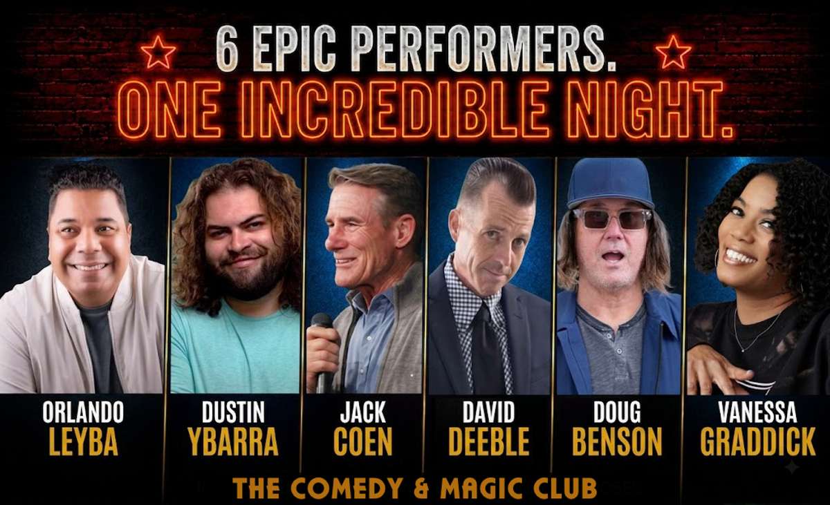 Orlando Leyba, Dustin Ybarra, Jack Coen, Doug Benson, David Deeble and Vanessa Graddick at The Comedy & Magic Club
