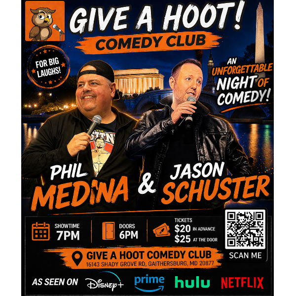 Jason Schuster and Phil Medina at Give a Hoot Comedy Club
